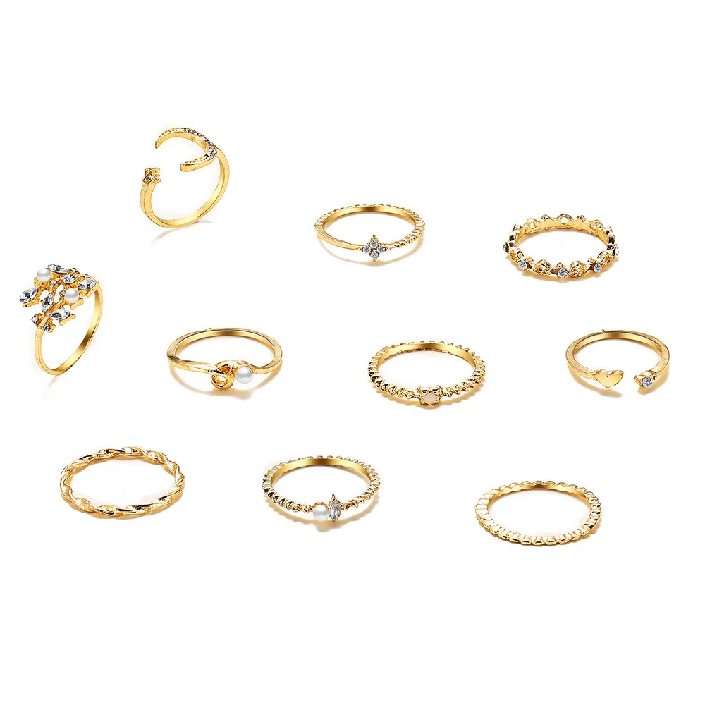 Boho Gold Color Heart Rings Set For Women Vintage Geometric Cross Pearl Butterfly Finger Rings Female Trendy Jewelry Gift