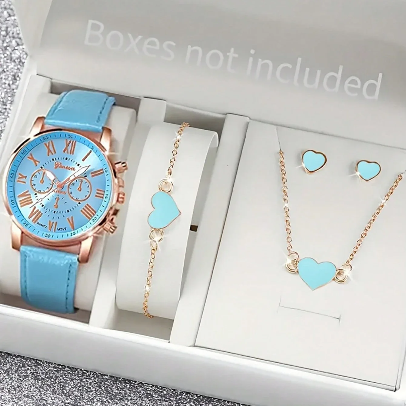 5PCS Fashion Women's Quartz Watch Leather Band Analog Wrist Watches Heart Rhinestone Jewelry Set(Without Box)