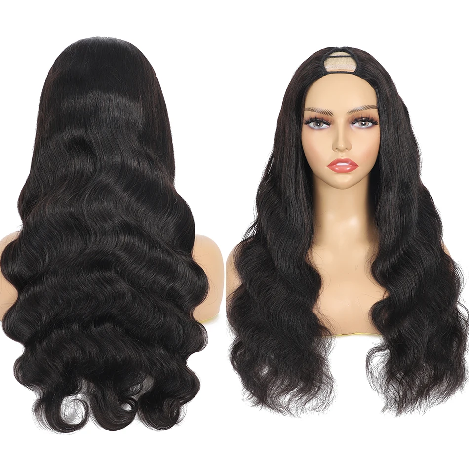 100% 브라질산 인모 바디 웨이브 V파트 가발 200% 밀도 내추럴 블랙 탄력있는 웨이브 업그레이드 U파트 착용 간편 글루리스 하프 가발