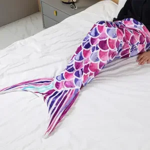 Children Soft Flannel Mermaid Tail Blanket Plush Mermaid Wearable Blanket for Girls Teens Adults Scale Sleeping Blankets
