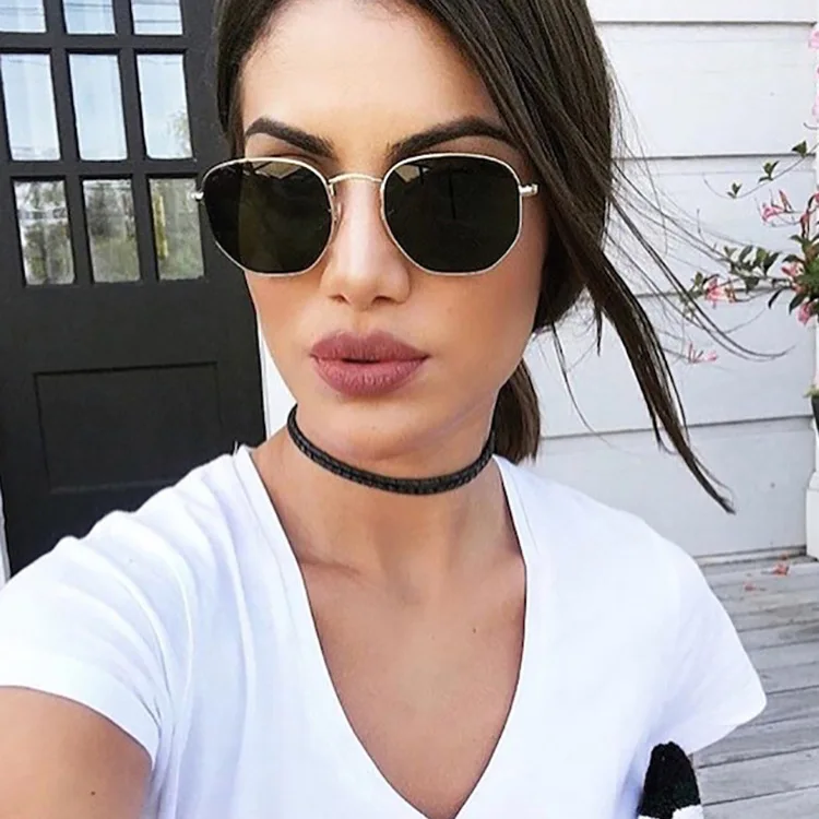 Hexagon Small Frame Square Sunglasses Woman Brand Designer Metal Mirror Sun Glasses Female Ocean Lens Oculos De Sol Feminino