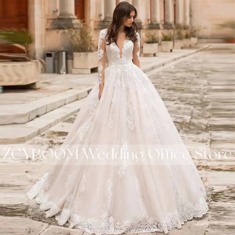 Elegantes Tüll-Applikationen-Ballkleid mit langen Ärmeln, Hochzeitskleid 2026, Illusions-V-Ausschnitt, Brautkleid mit Schleppe, Vestido De Noiva – Detail 3