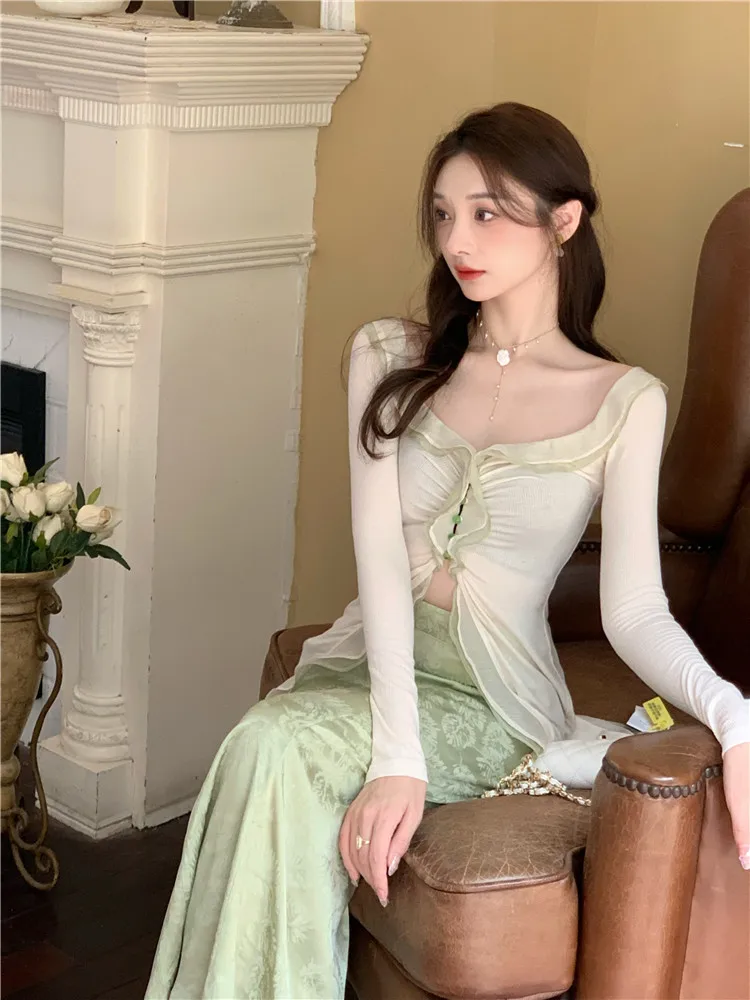 New Chinese Style Fashion 2 Piece Dress Suits women Ruffles