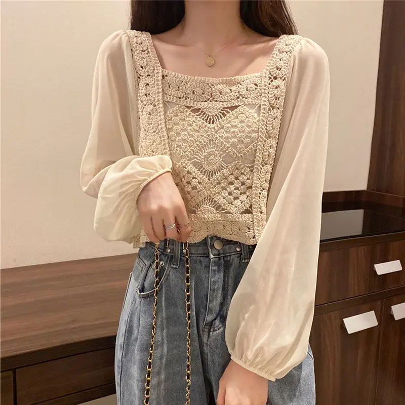 2025 Summer Long Sleeve Vintage National Trend Female Clothes Hollow Out Lace Patchwork Chiffon Shirts Woman Blouses Wholesale