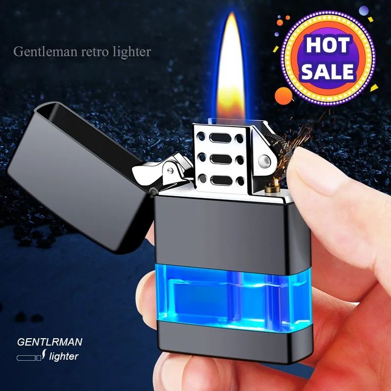 

New green light perspective gas chamber lighter retro grinding wheel ignition jet flame cool LED light free shippinglighter