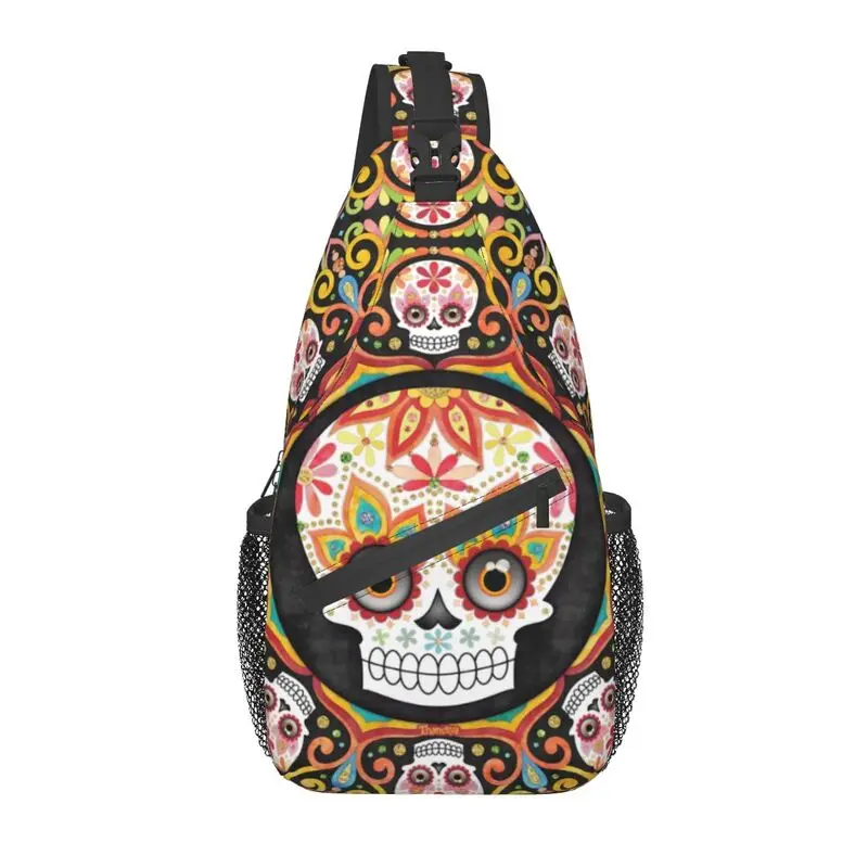 

Cool Sugar Skull Mandala Art Crossbody Sling Backpack Men Shoulder Chest Bag for Camping Biking