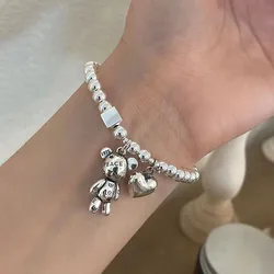Sterling Silver Beaded Bracelet with Bear Pendant - Trendy Vintage Party Jewelry (Style - A)