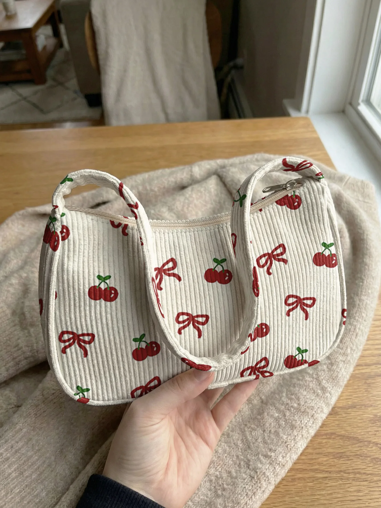Cherry & Bow Print Beige Corduroy Shoulder Bag - Image 2