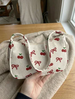 Alternative view of Cherry & Bow Print Beige Corduroy Shoulder Bag