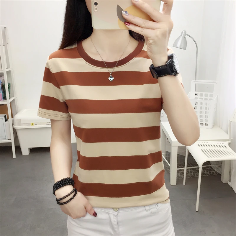 

Show thin cotton short sleeve T-shirt women's summer wear loose stomach v-neck shirt stripe jacket