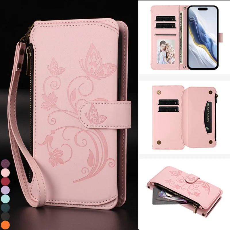Luxury Leather Phone Wallet Case with Wrist Strap and Card Holder