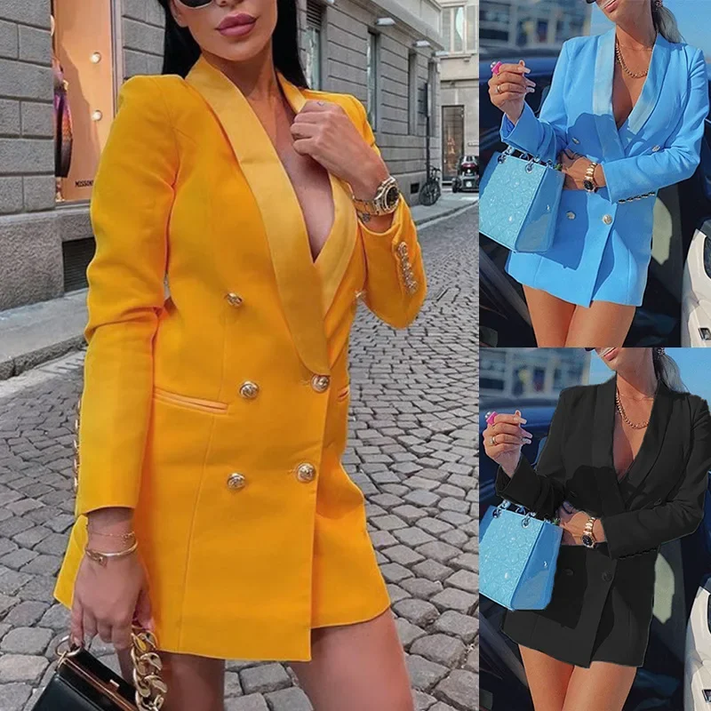 High Quality Autumn Women's Blazer Jacket 2021 Yellow Blue Casual Long Sleeve Women Sexy Blazer Dress Chic Office Ladies Outfits