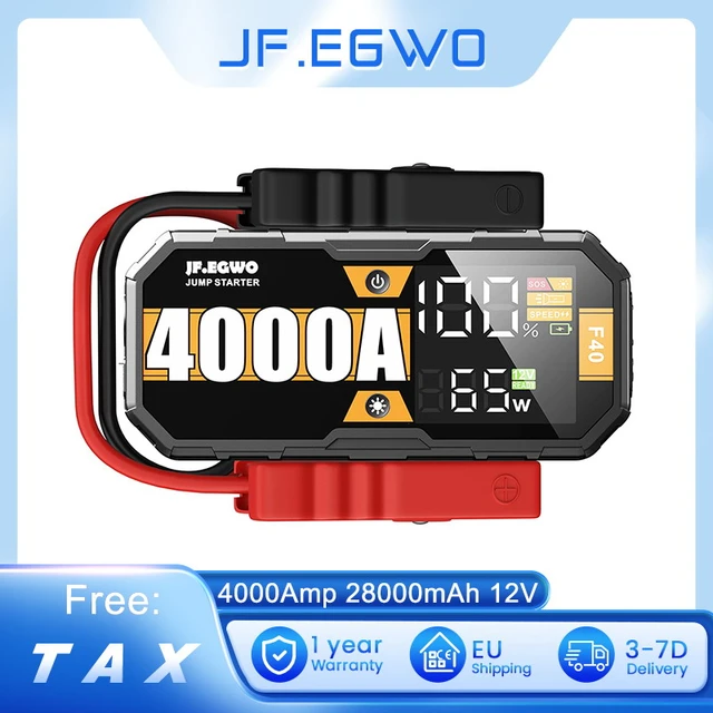 JF.EGWO F40 Avviatore Batteria Auto 4000A Avviamento di Emergenza Portatile  28000mAh Booster IP65 Impermeabile Doppia ricarica rapida 65W al Litio