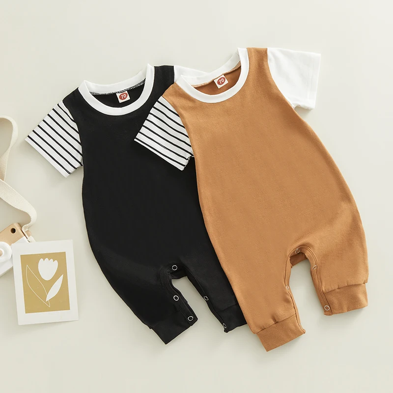 

2023-03-10 Lioraitiin 0-18M Newborn Baby Boys Jumpsuit Short Sleeve Crew Neck Striped Patchwork Summer Romper