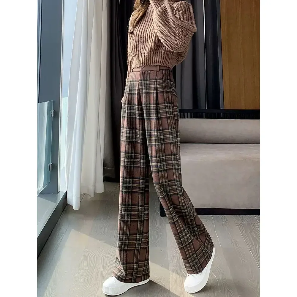

2024 Women's Spring Winter Fashion High Waist Wide-leg Pants Female Casual Woolen Trousers Ladies Plaid Straight Pants T636