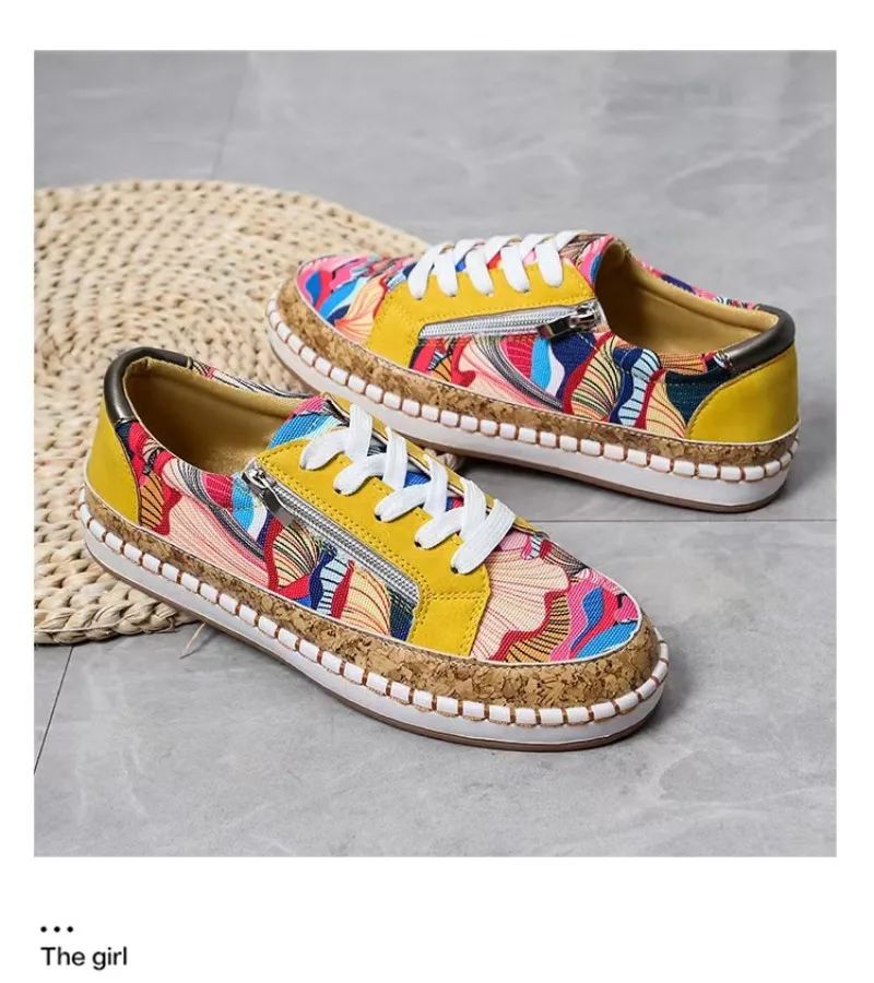 Women's Sports Shoes with Patterned Side Zipper Strap Casual Shoes, Fashionable Flat Shoes, Breathable Large Women's Shoes