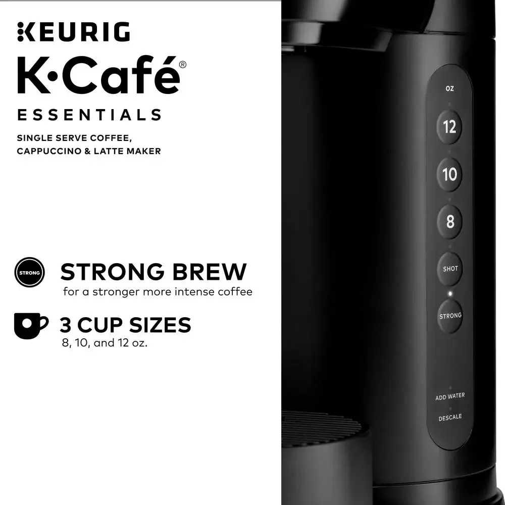 Single Serve Specialty Coffee & Milk Frother Brewer  K-Cafe Essentials Pod Maker 3 Brew Sizes Fast & Fresh Energy Efficient 3