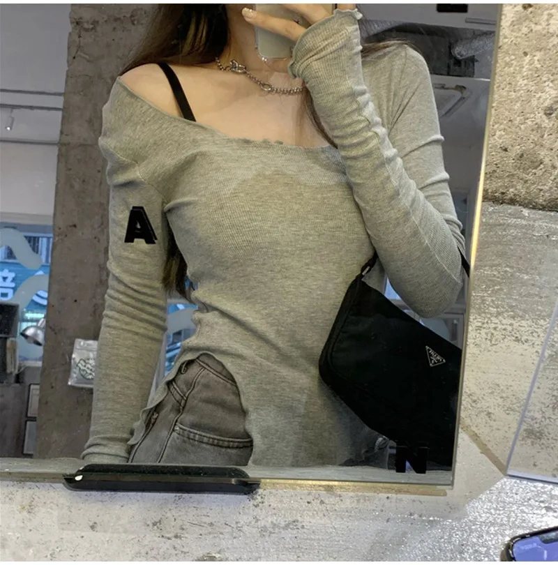 Description Picture 6 of itemLong Sleeve T-shirts Women Fungus Line Irregular Hem Knitted Slender Autumn Bottoming Tees Chic Fashion Sexy Solid Ulzzang New