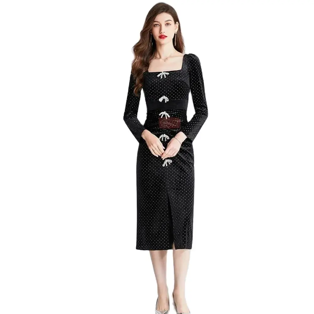 

Women Fashion Polka Dot Black Color Velvet Crystal Bow Decor Elegant Party Dinner Dresses Retro Lady Dress Spring 2023