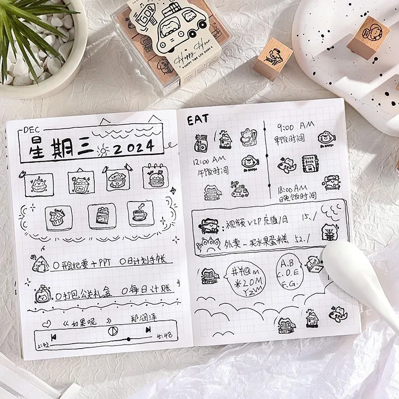 Cute Little Cat Decoration Stamp Retro Wooden Rubber Stamps for Scrapbooking Journal Diy Craft Standard Seal 9pcs/set, wooden stamps, decorative stamps