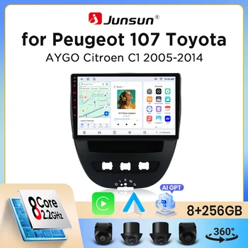 Radio para coche Junsun con CarPlay inalámbrico y Android Auto para Peugeot 107 / Toyota Aygo / Citroen C1 (Mk1) 2005-2014, con ventilador de refrigeración integrado, GPS Android, reproductor multimedia, WiFi, DSP, RDS, BT, SWC, pantalla táctil IPS, autorradio, reproductor de video, unidad principal estéreo. 1