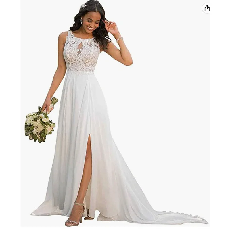 

POMUSE Backless White Wedding Dresses Lace Up Sleeveless Pleat A-Line Bride Dress Custom Made Vestido De Novia for Women