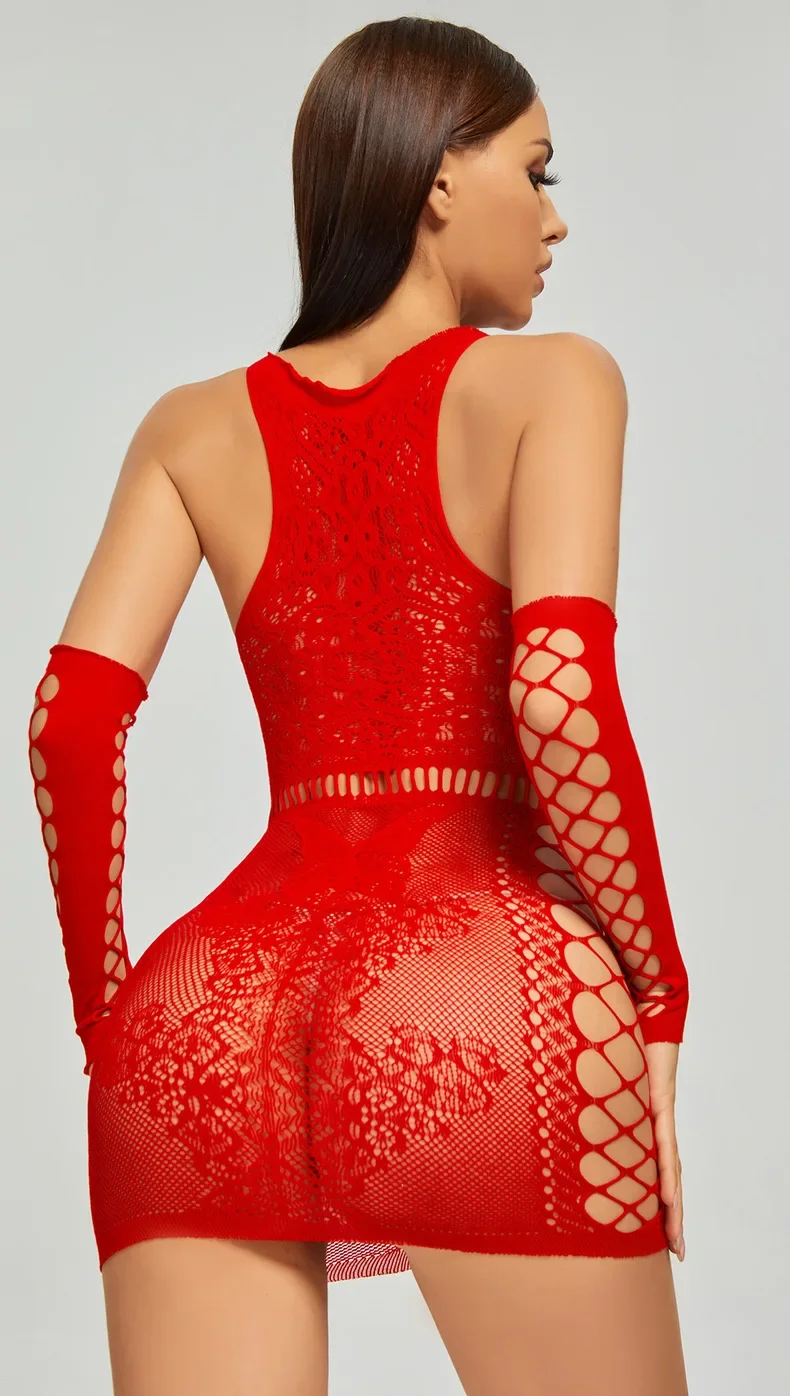 Sexy Pajama Doll Tights Sexy Lingerie Erotic Seduction Strapless Lace Open Bra Crotchless Long Sleeve Tights Dress Gloves