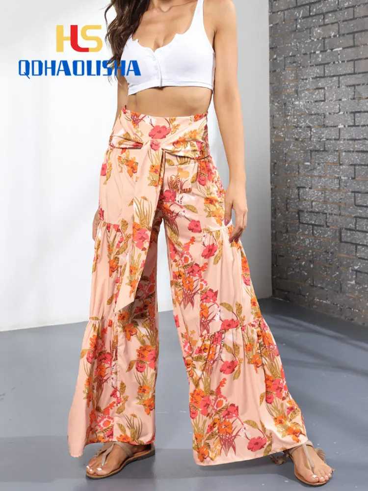 

Wide Leg Women's Pants Summer Digital Printing Women's Loose Casual Pants Beach Wide Leg Pants Strap Trousers Clothes for Women