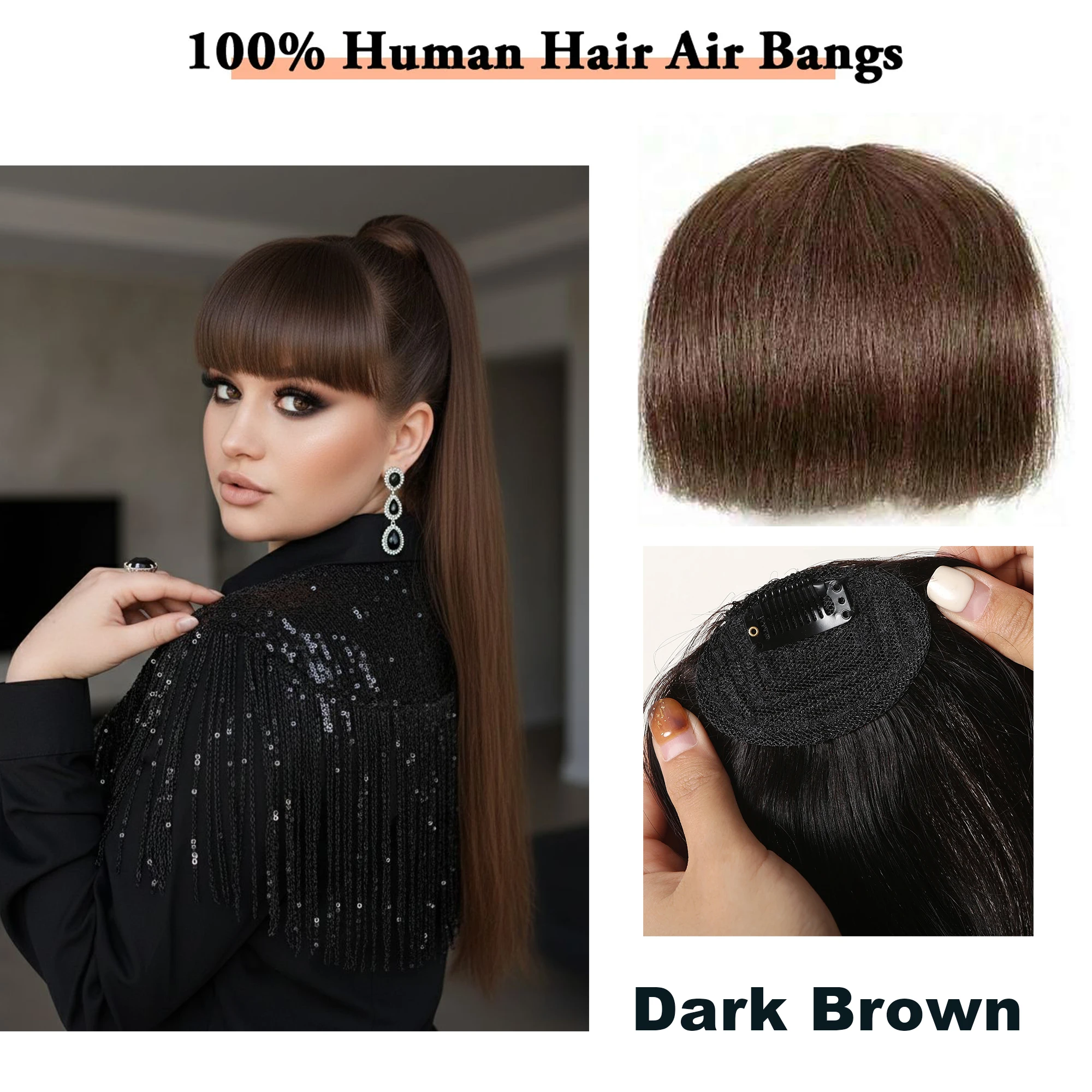 100% Human Hair Bangs Natural Brown Wispy Bang Hair Clip in Bangs Fringe with Temples Hairpiece for Women Clip on Air Bang 4.5in