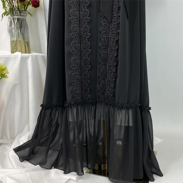 S.H ARAB SHOP باللون الأسود الداكن ملابس نسائية أنيقة مزينة بشيفون نيدا مع حزام 5