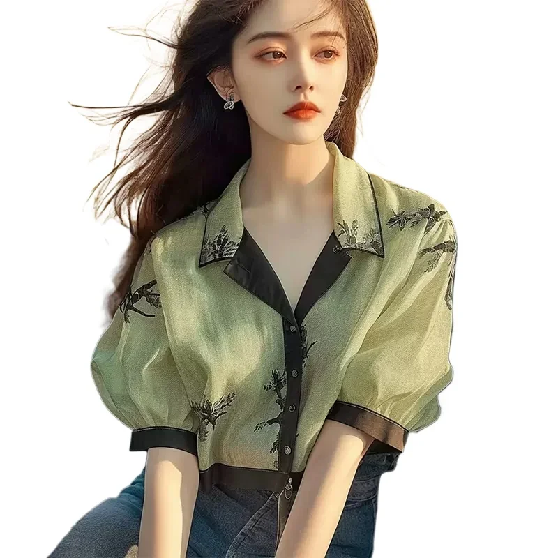 Chiffon Women's Shirt Summer Printed Vintage Blouses Loose Short Sleeve Women Tops Polo-neck Fashion Clothing 2024 Korean