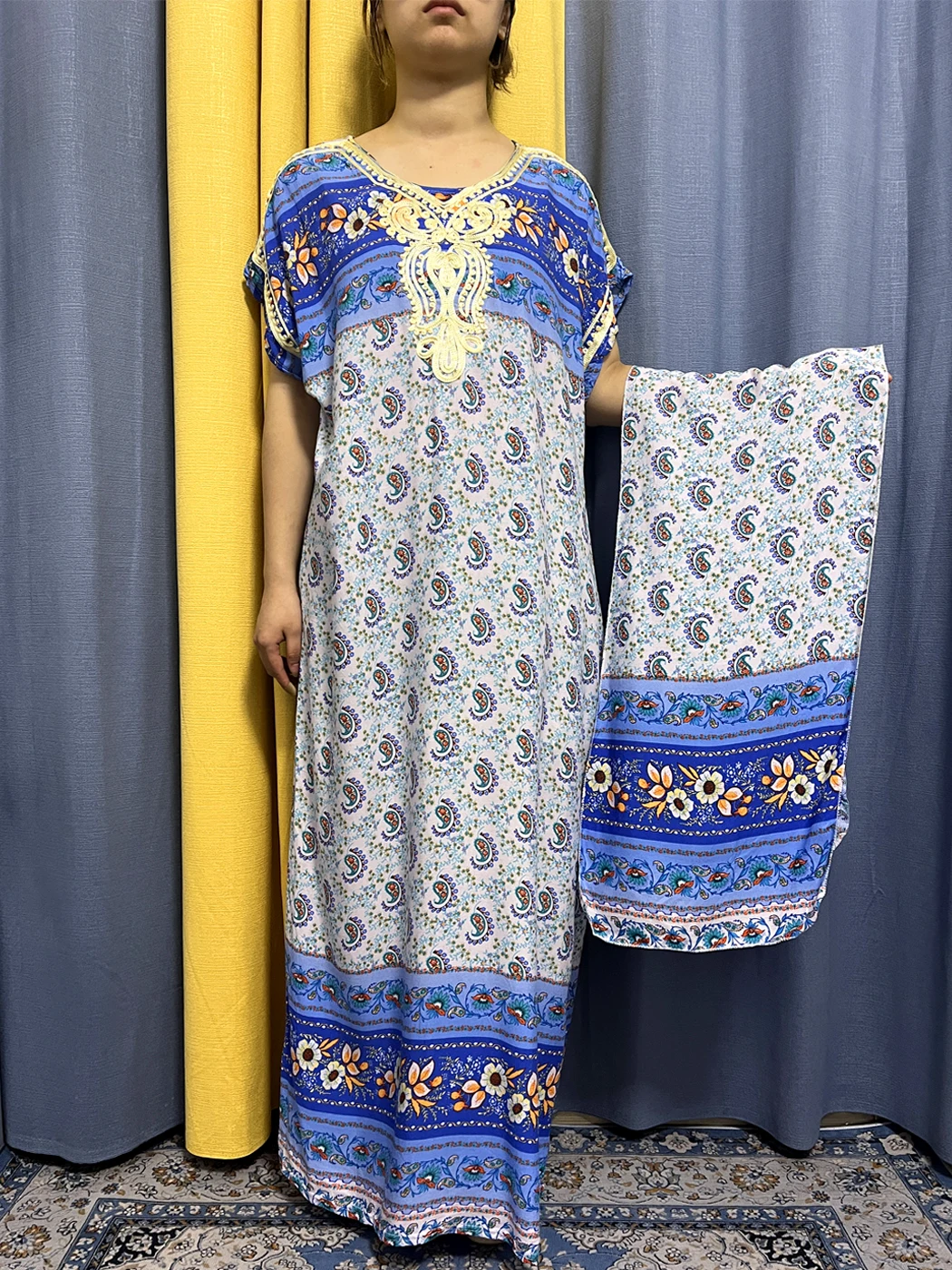 Muslim Abayas For Women 2023 Traditional Cotton Printed Short Sleeve Loose Fit Femme Robe African Floral Dresses With Turban