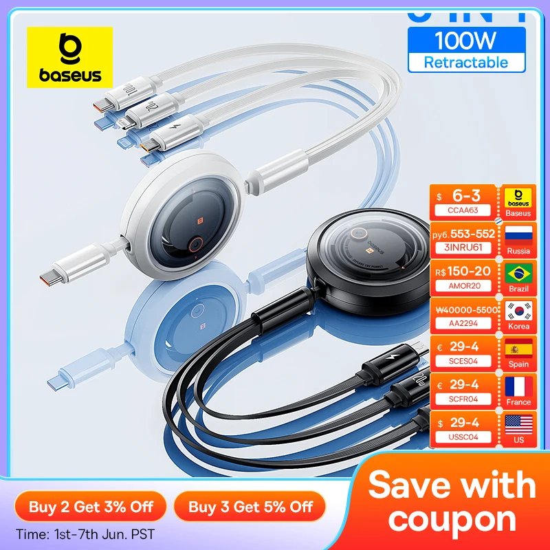 Baseus Retractable 100W 3 in 1 Fast USB Cable for Macbook iPad Portable 3 in 1 Micro Type C Charger Cable For iPhone Samsung