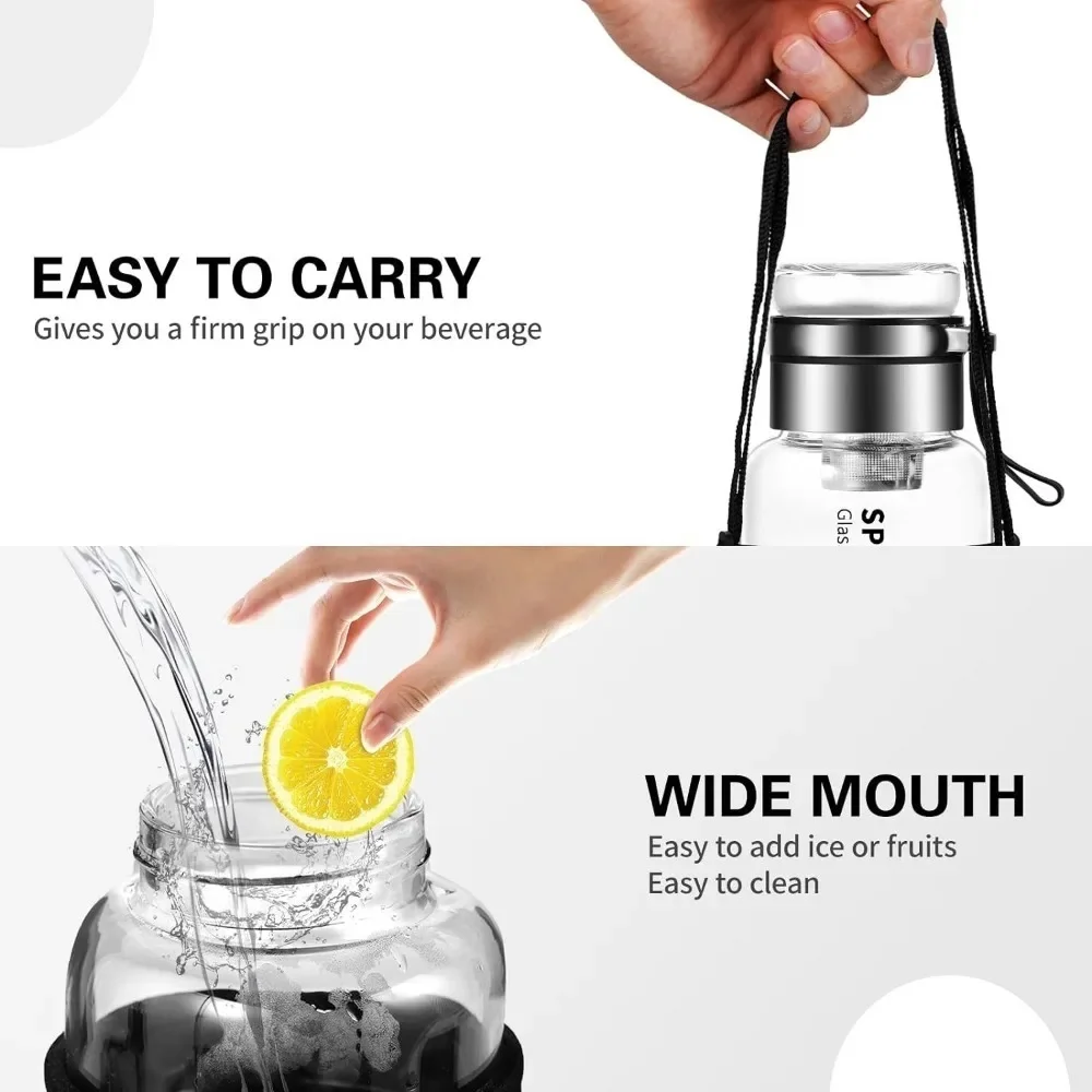 Portable 1000ml Glass Water Bottle with Stainless Steel Tea Infuser – Transparent Milk & Juice Cup
