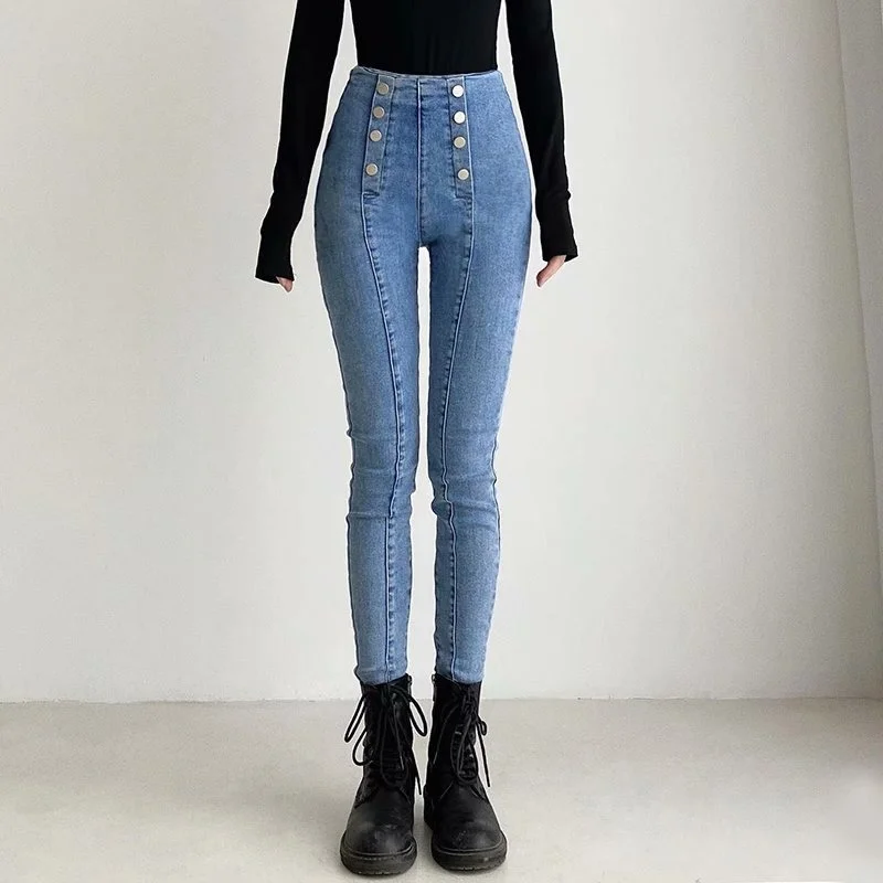 High Waist Double Breasted Elastic All-match Pencil Jeans Korean Fashion Chic Grande Taille Denim Trousers Streetwear Long Pants mingliusili vintage print jeans woman high street 2022 fashion denim trousers high waist baggy all match oversize hippie pants