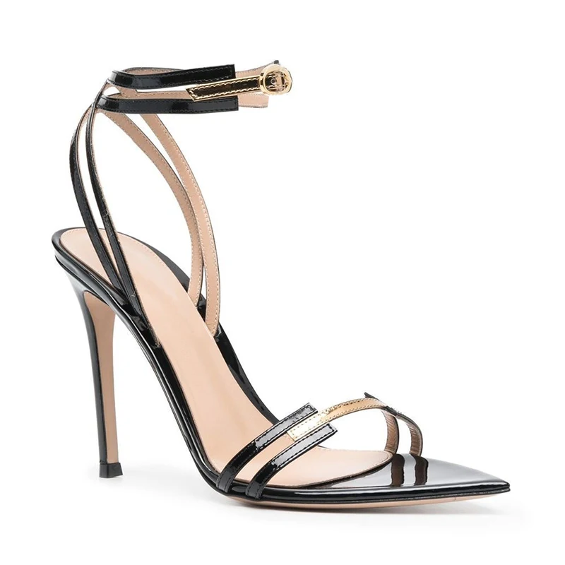

Black Strappy 2023 Summer Sandals for Women High Heels Pointed Toe Silver Party Heels Ladies Large Size Ankle Strap Stilettos