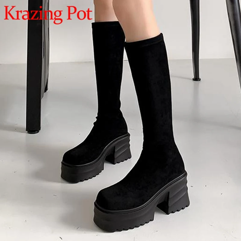 

Krazing Pot Flock Equestrian Boots Square Toe Super Thick High Heels Platform Internet Star Slip on Concise Thigh High Boots