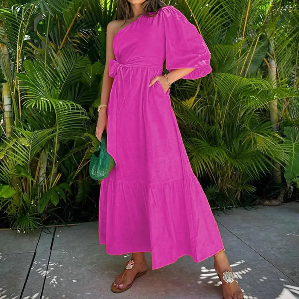 

Ruffle Trim Stitching Dress Chic One-shoulder Maxi Dresses with Puff Sleeves High Waists Ruffle Stitching for Spring Autumn