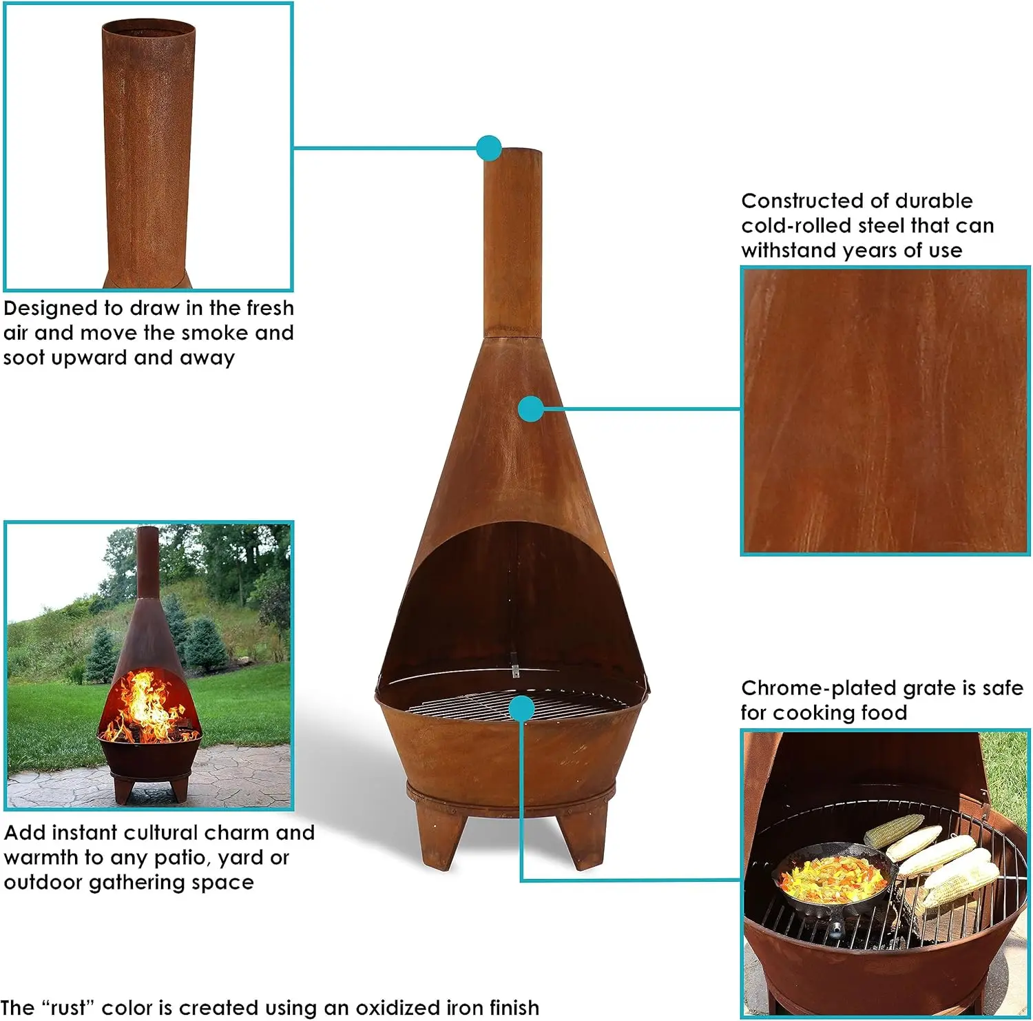 6-Foot Rustic Oxidized Cold-Rolled Steel Mexican-Style Chiminea - Rust Patina - Built-in Wood Grate 4
