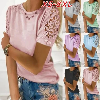 Women Fashion Pure Color Slim Lace Hollow Short Sleeve T-Shirt Soft and Comfortable Thin Loose Casual Summer Tops 1