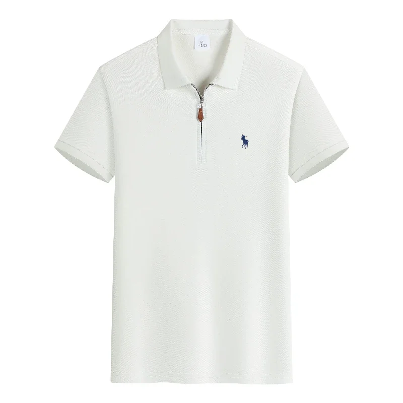 Polo ricamata di lusso a maniche corte da uomo, con mezza zip, top estivo comodo e traspirante, tinta unita, casual - immagine 5