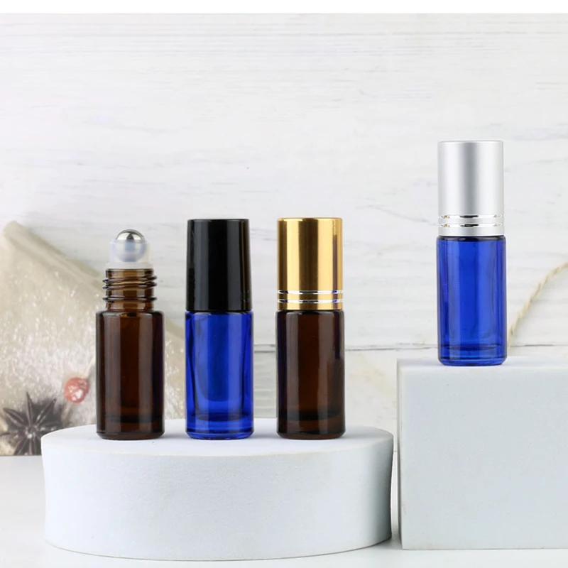 

50PCS/lot 5ml Brown Roll-On Bottle Blue Glass Essential Oil Bottle Portable Perfume Cosmetic Containers Refill Perfume Bottle