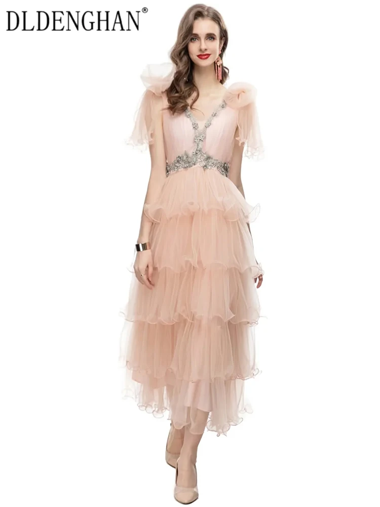 

DLDENGHAN Fashion Designer Early Autumn Dress Women V-Neck Butterfly Sleeve Beading Appliques Elegant Party Cake Dress