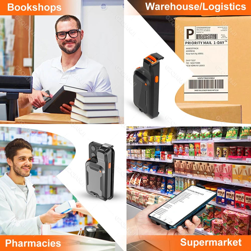 2D 백 클립 블루투스 바코드 스캐너 전화 작업 휴대용 바코드 리더 데이터 매트릭스 안드로이드 iOS 시스템 스캔을위한 1D QR 스캐너