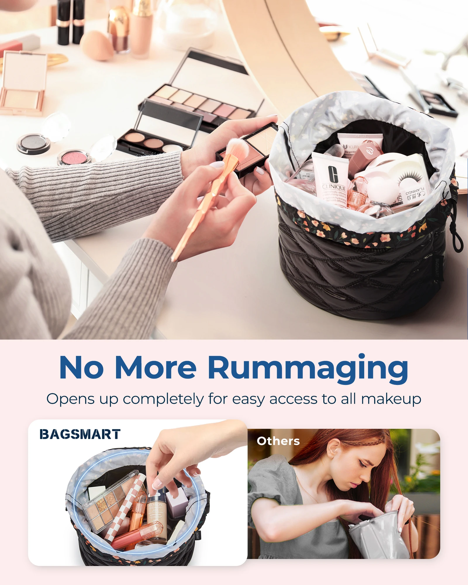 BAGSMART 드로스트링 화장품 가방, 보관 메이크업 가방, 정리함 파우치, 휴대용 방수 세면 용품 뷰티 케이스, 여성용 핸드백