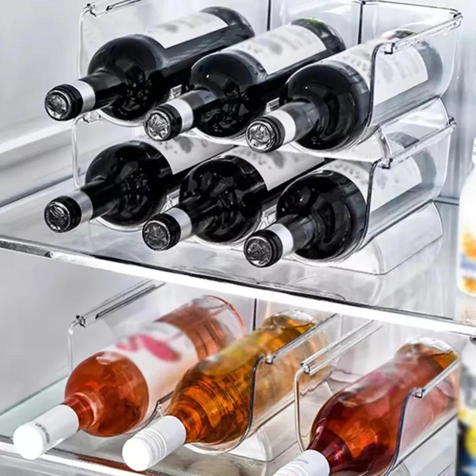 Clear Refrigerator Wine and Water Bottle Holder Stackable Plastic Wine Rack Storage Organizer for Fridge Cabinet Pantry kitchen storage rack cabinet organizer shelves refrigerator storage divider refrigerator storage partition