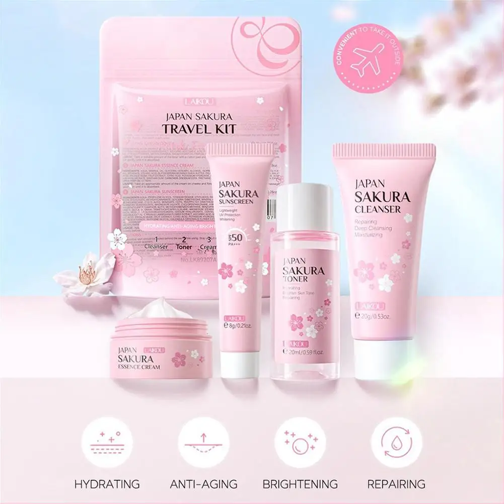 Sakura Skin Care Set - Cleanser Serum Eye Cream Facial Cream  Sunscreen Travel Kit for Women