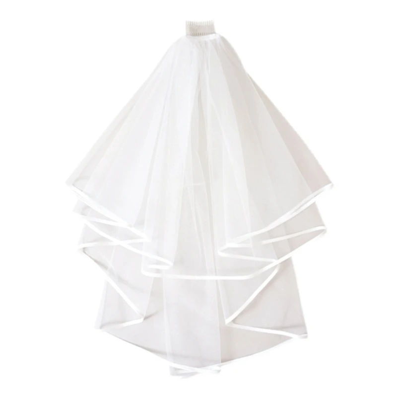 Women Short Wedding Veil Double Layer Mesh Tulle Solid Color Comb Ribbon Edge Center Cascade Bride Party Headpiece Bridal Veil