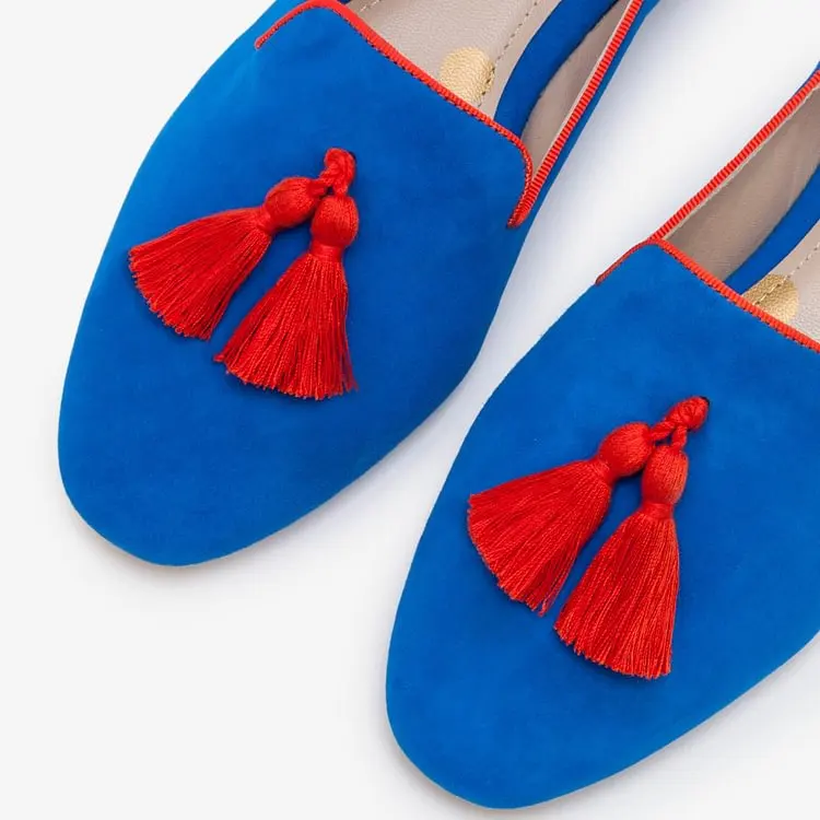

Royal Blue Vegan Suede Loafers for Women Pointy Toe Flats with Fringe