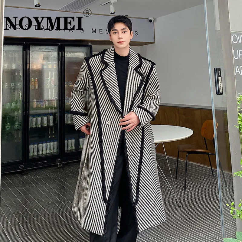 

NOYMEI Striped Contrast Color Men's Trench Korean Style Chic Lapel Temperament All-match Long Coat Winter Windbreaker WA3409